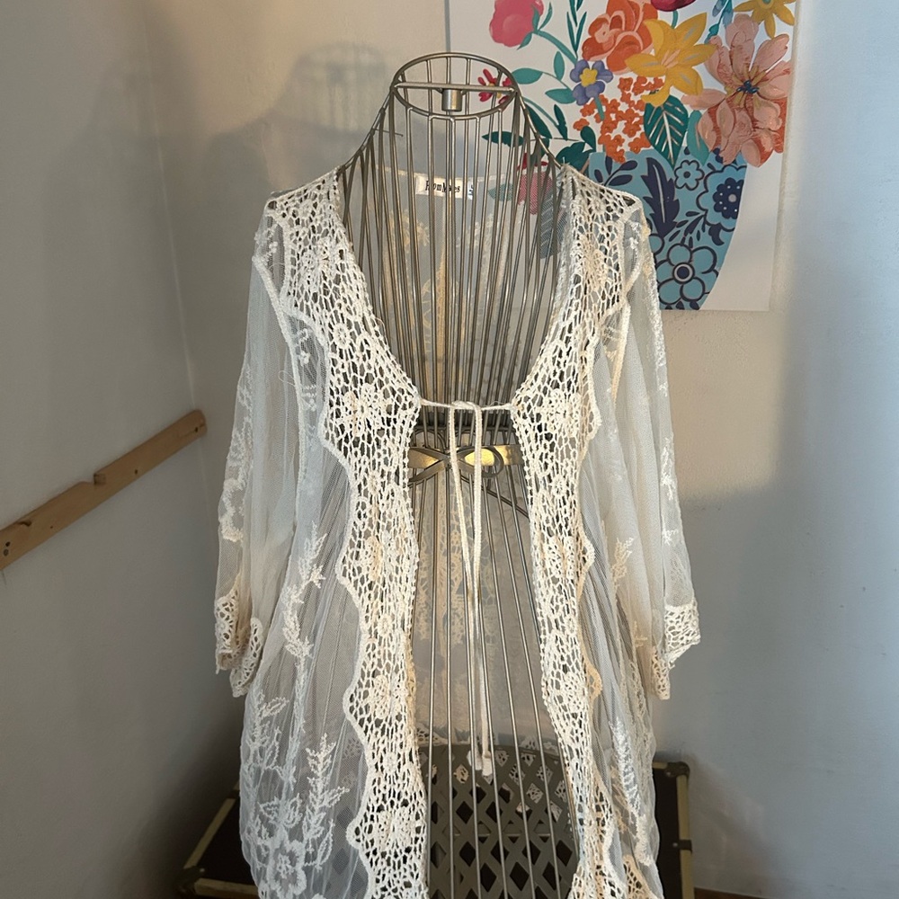 Beautiful off white lace cover up ties in front very romantic and light